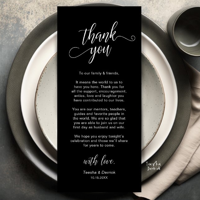 Cartão de Agradecimento de Configuração de Local d (Elegant Wedding Place Setting Thank You Card in Black and White)
