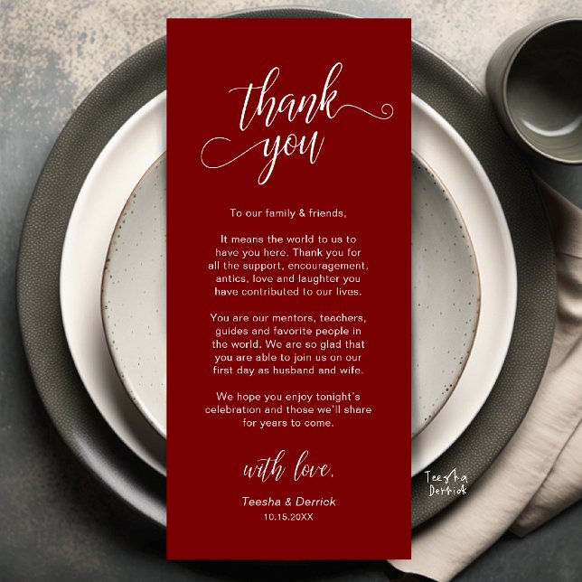 Cartão de Agradecimento de Configuração de Local d (Elegant Wedding Place Setting Thank You Card in Burgundy wine red)