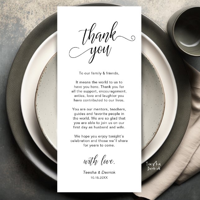 Cartão de Agradecimento de Configuração de Local d (Elegant Wedding Place Setting Thank You Card in black and White)