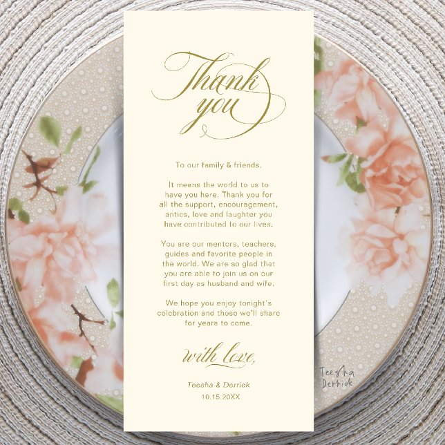 Cartão de Agradecimento de Configuração de Local d (Elegant Classic Wedding Place Setting Thank You Dinner Card in cream and gold)