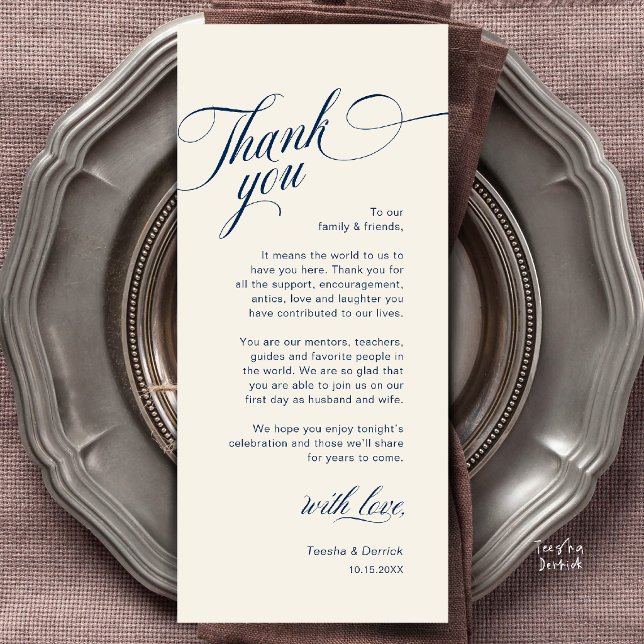 Cartão de Agradecimento de Configuração de Local d (Classy Modern Wedding Place Setting Thank You Card in Navy Blue and Ivory)