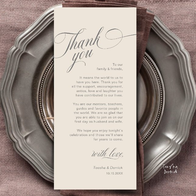 Cartão de Agradecimento de Configuração de Local d (Classy Modern Wedding Place Setting Thank You Card in Cream and Grey)