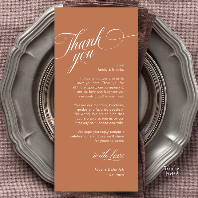 Cartão de Agradecimento de Configuração de Local d (Classy Modern Wedding Place Setting Thank You Card in Copper Terracotta Brown)
