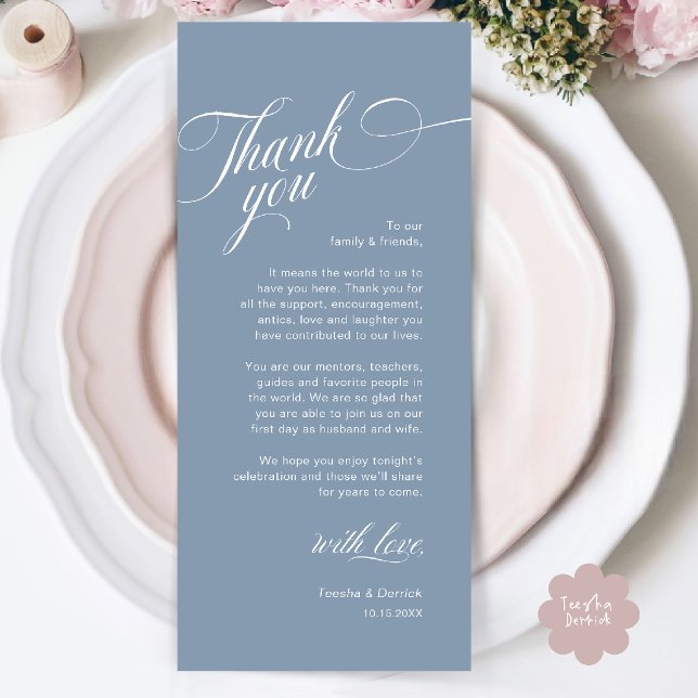 Cartão de Agradecimento de Configuração de Local d (Classy Modern Wedding Place Setting Thank You Card in Dusty Blue)