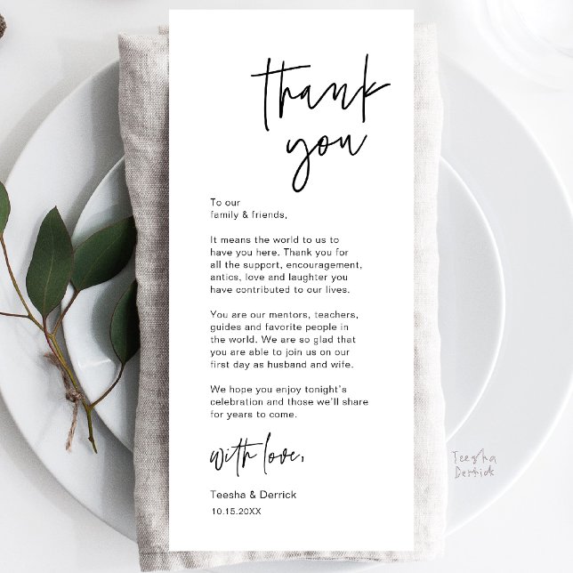 Cartão de Agradecimento de Configuração de Local d (Modern Casual Wedding Place Setting Dinner Thank You Card in black and white)