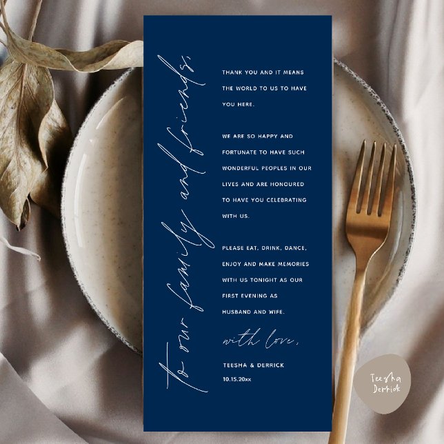 Cartão de Agradecimento de Elegante Recepção de Ca (Elegant Wedding Reception Thank You Card for Guest Dinner Dancing in Navy Blue)