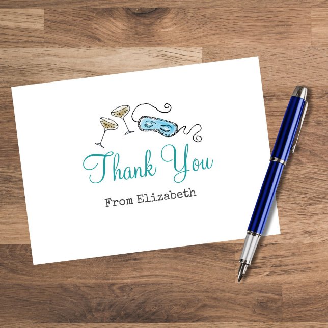 Cartão de Agradecimento de Festa de Cocktail Retro (Champagne coupes, an eye mask, and retro typography give this glam 1960s thank you card flair.)