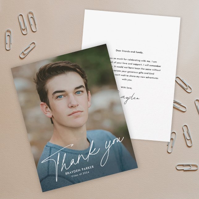 Cartão de Agradecimento de Formatura com Foto em L (Simple script photo graduation thank you card. Available as printed card, instant download or both.)