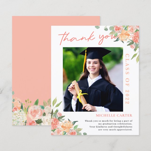 Cartão de Agradecimento de Formatura com Foto Flor (Frente/Verso)