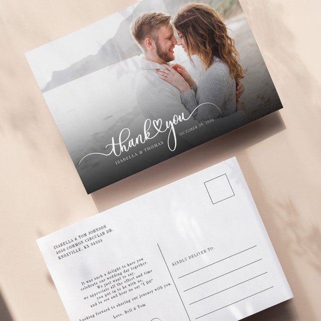 Cartão de Agradecimento de Foto com Letra Manual M (Wedding Couples Photo Thanks You Script Postcard)