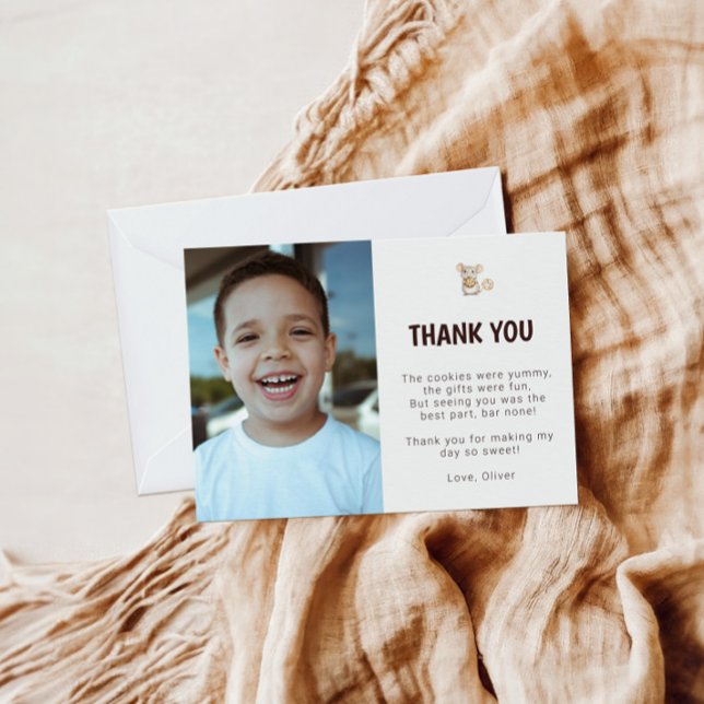 Cartão de agradecimento de foto de aniversário de  (Sweet Cookie Mouse Theme Kid Birthday Thank You Card)
