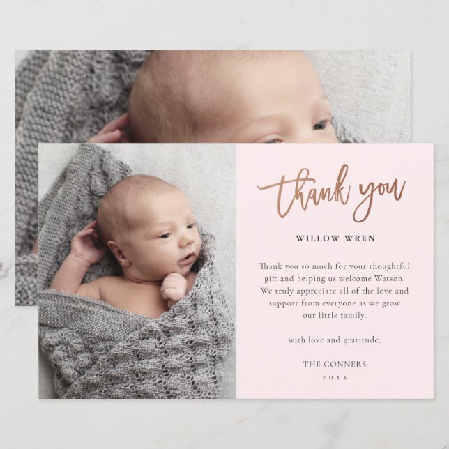 Cartão de agradecimento de foto de bebê com orçame (Frente/Verso)