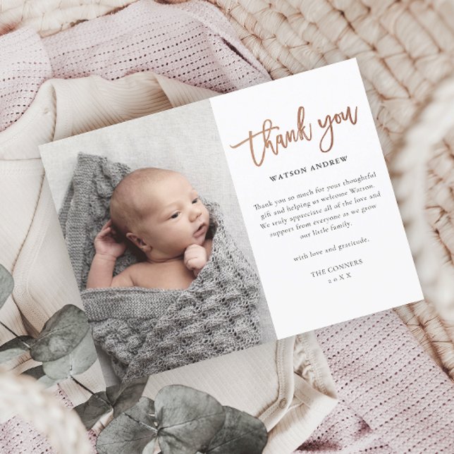 Cartão de agradecimento de foto de bebê com orçame (Criador carregado)