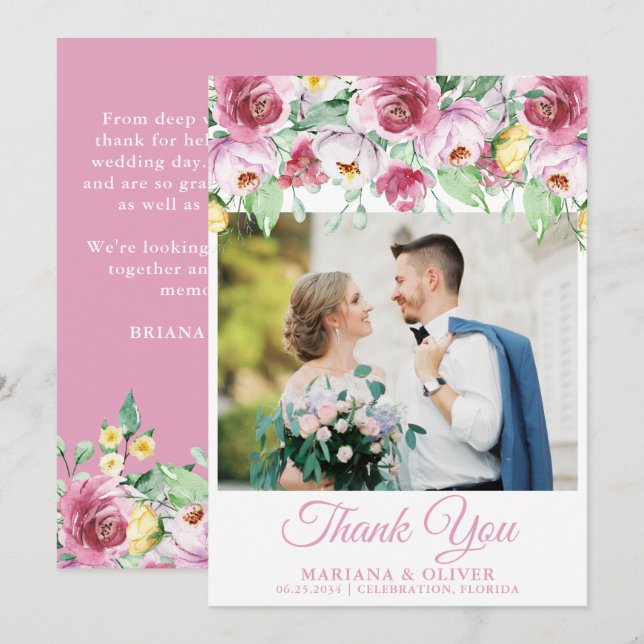 Cartão de Agradecimento de Foto de Casamento Flora (Frente/Verso)