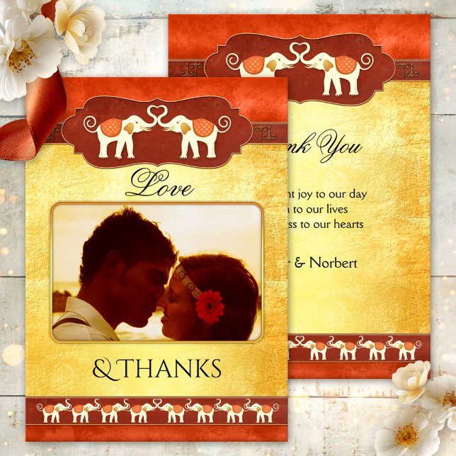 Cartão de Agradecimento de Foto de Elefantes India (Wedding Thank You card featuring your own photo framed by a unique design with ivory elephants)