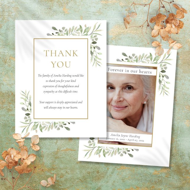 Cartão de Agradecimento de Foto de Funeral com Fol (Greenery Funeral Photo Thank You Card)
