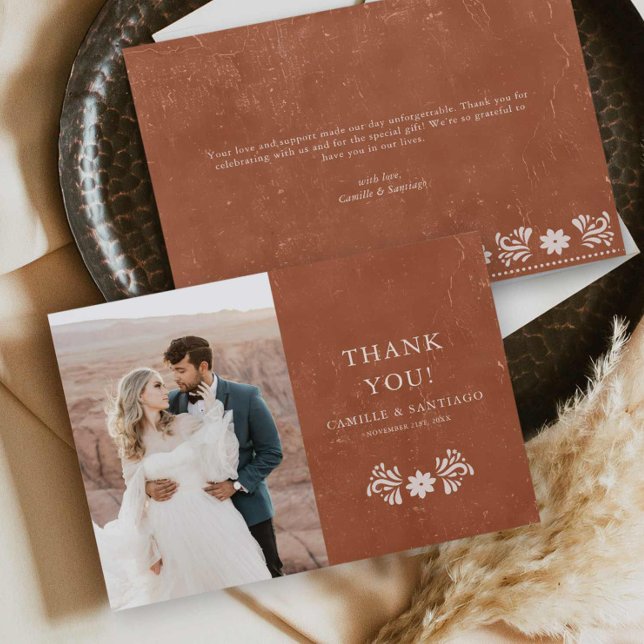 Cartão de Agradecimento de Foto em Terracota Rústi (Rustic Terracotta Wedding Photo Thank you card)