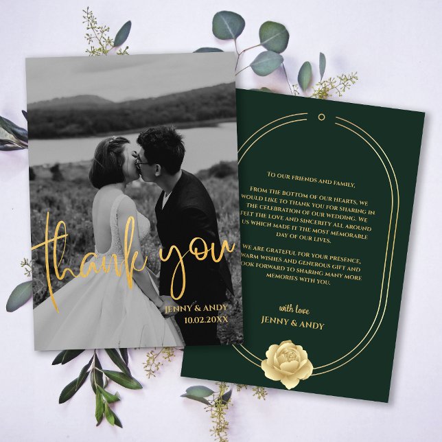 Cartão de agradecimento de foto moderno em ouro es (Emerald Gold Script Modern Photo Thank You Card)