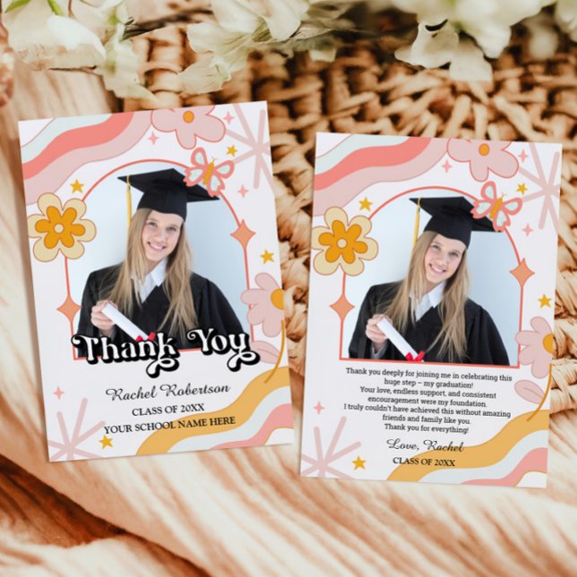 Cartão de Agradecimento de Graduado com Foto Flora (Retro Groovy Floral Graduation Thank You Card with photo)