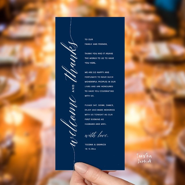 Cartão de Agradecimento de Jantar de Noivado Moder (Modern Classy Wedding Reception Dinner Thank You Card, Bridal Shower in Navy Blue)