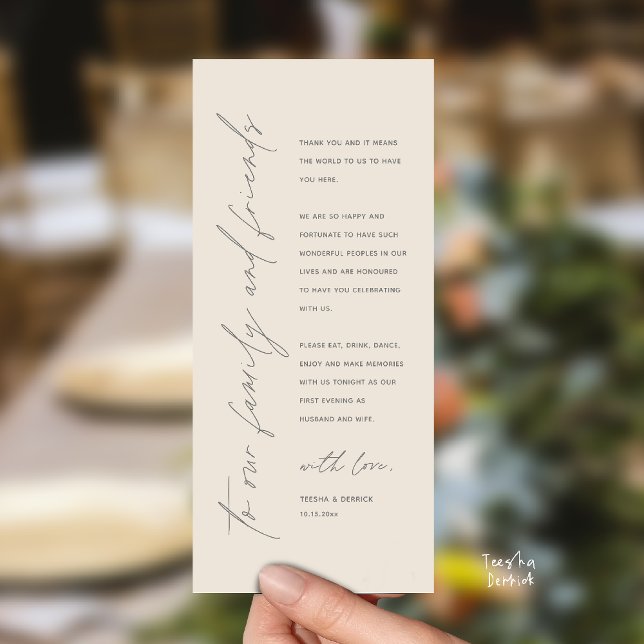 Cartão de Agradecimento de Jantar de Recepção de C (Welcome and thanks, Modern Wedding Reception Dinner Thank You card, family friends in cream grey)