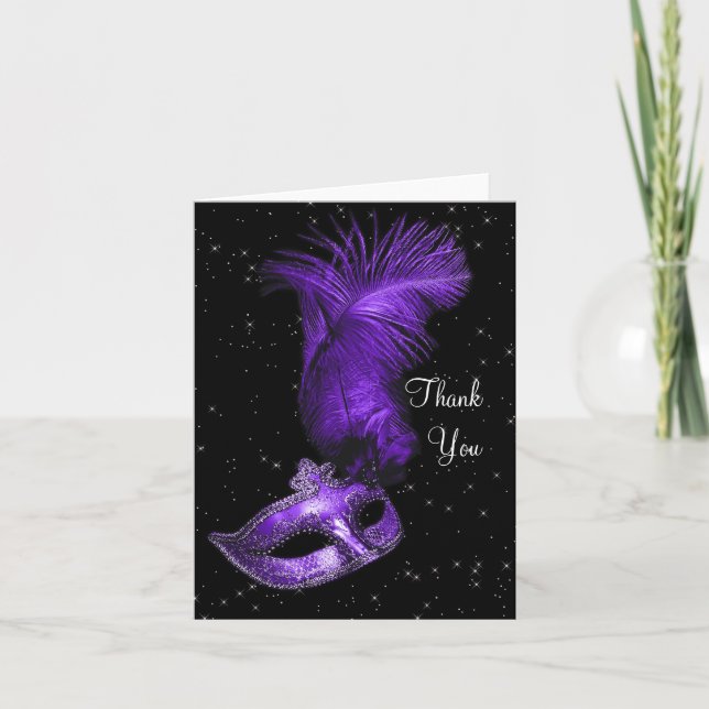 Cartão de Agradecimento de Mascarada Preto e Roxo  (Frente)