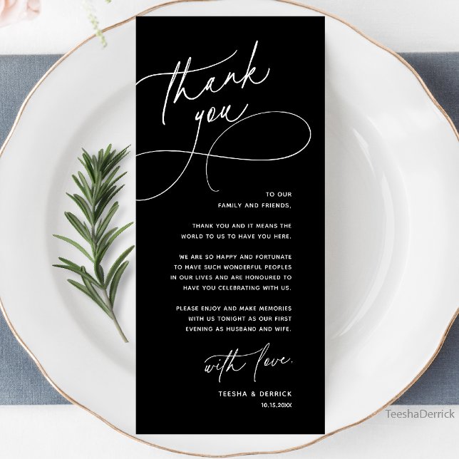 Cartão de Agradecimento de Mesa de Casamento Elega (Wedding Table Thank You Elegant Reception Dinner Card in black and white)