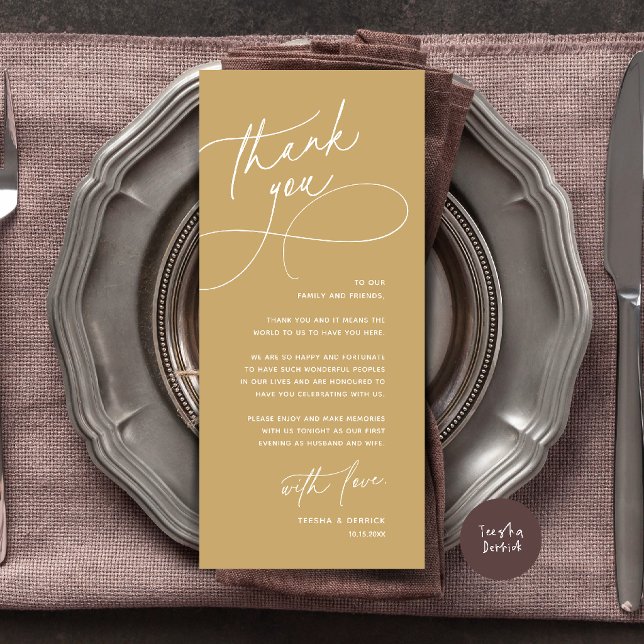 Cartão de Agradecimento de Mesa de Casamento Elega (Wedding Table Thank You Elegant Reception Card in Champagne Gold)