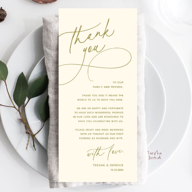 Cartão de Agradecimento de Mesa de Casamento Elega (Wedding Table Thank You Elegant Reception Dinner Card in gold yellow cream)