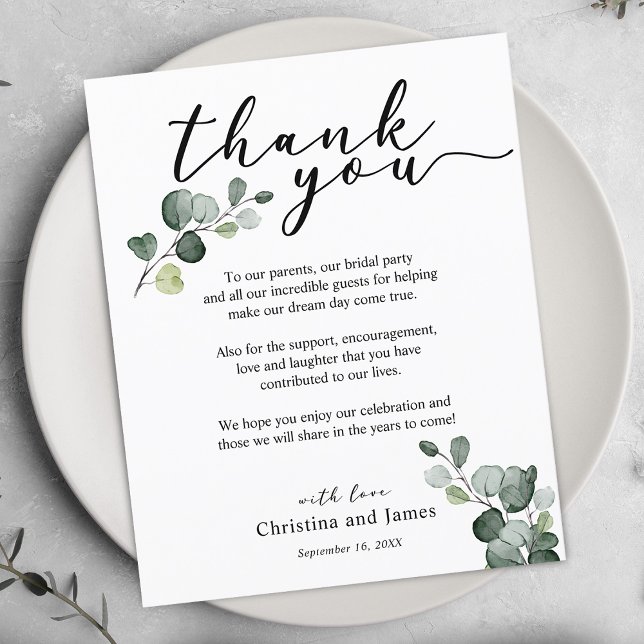 Cartão de Agradecimento de Recepção de Casamento E (Eucalyptus Thank You Wedding Reception Card)