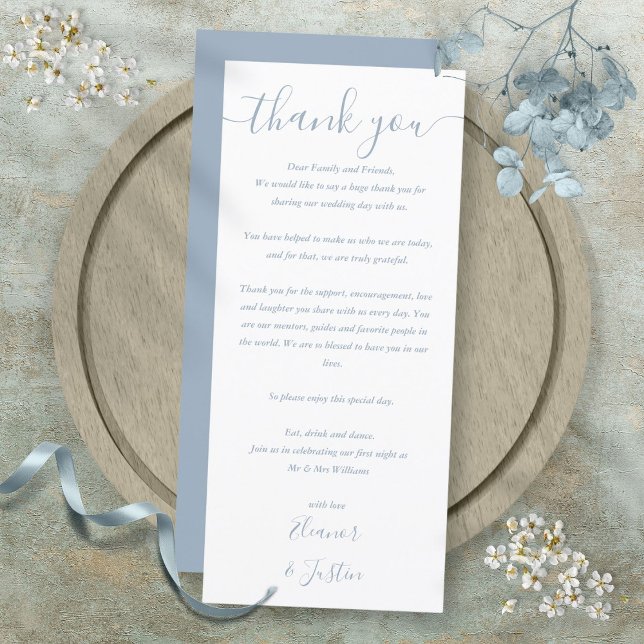 Cartão de Agradecimento de Recepção de Casamento e (Dusty Blue Wedding Reception Thank You Place Card)