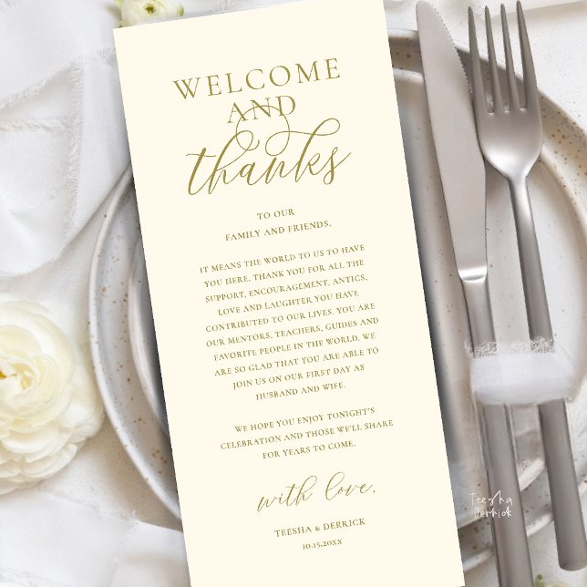Cartão de Agradecimento de Recepção de Casamento M (Modern Classy Wedding Reception Dinner Brunch Lunch Thank You Card in Yellow Gold)