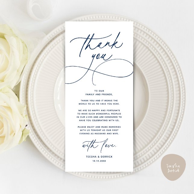 Cartão de Agradecimento de Recepção de Casamento M (Romantic Modern Wedding Reception Dinner Thank You Card in navy blue)
