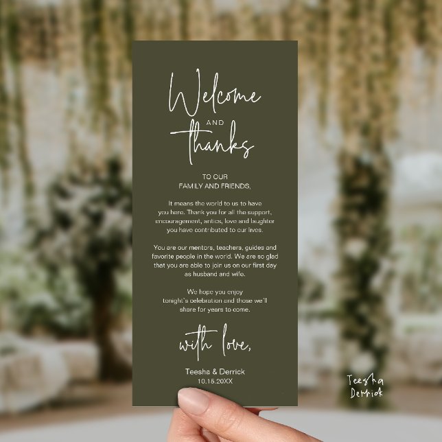 Cartão de Agradecimento de Recepção de Casamento M (Modern Minimalist Wedding Reception Thank You Dinner Lunch Brunch Party Card in Olive Green)