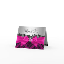 Cartão de Agradecimento de Renda Damask e Laço Ros