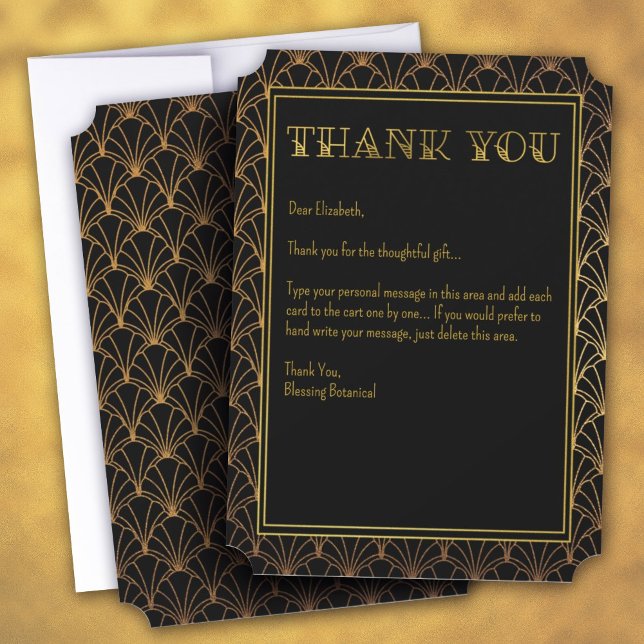 Cartão De Agradecimento Deco de Arte Preta e Dourada (Black and Gold Art Deco Thank You Card)