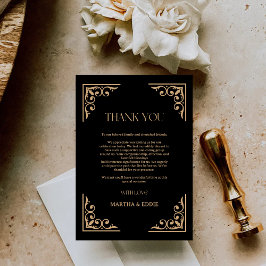 Cartão De Agradecimento Deco Moderno | Casamento Elegante em Preto e Doura