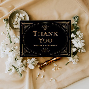Cartão De Agradecimento Deco Moderno   Casamento negro e Dourado legante