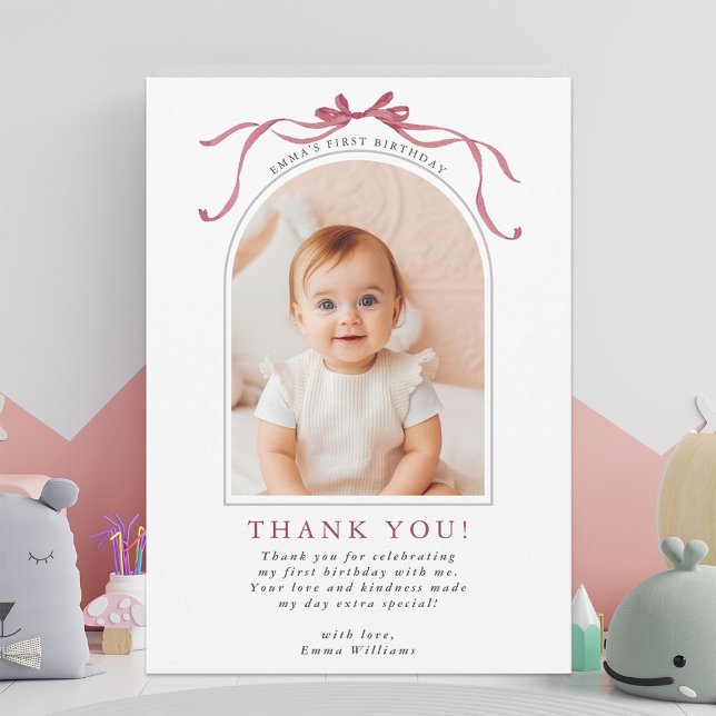Cartão De Agradecimento Deep Blush Pink Bow Birthday Arch Photo (Criador carregado)