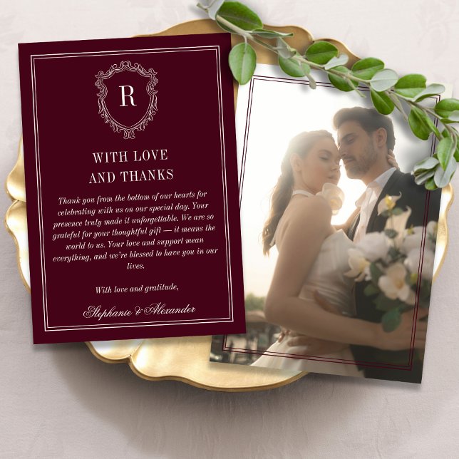 Cartão De Agradecimento Deep Burgundy Ivory Crest Old Money Photo Wedding (Criador carregado)
