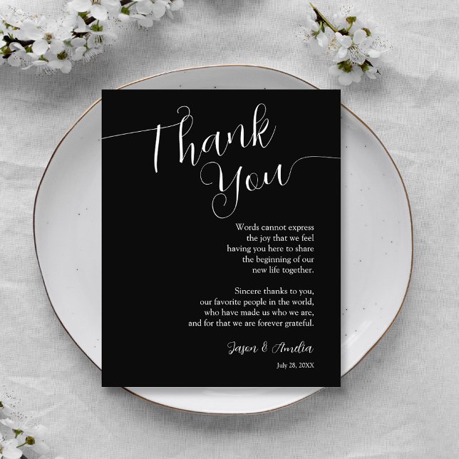 Cartão De Agradecimento Definição de Lugar de Recepção de casamento Preto  (Black and White Wedding Reception Place Setting Thank You Cards)