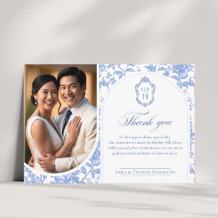 Cartão De Agradecimento Delft Azul Floral Chinoiserie Monograma Casamento