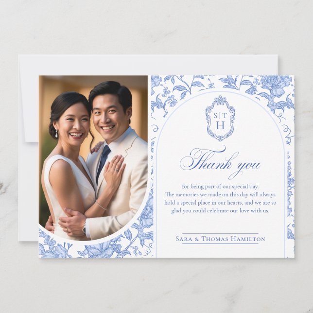 Cartão De Agradecimento Delft Blue Floral Chinoiserie Monogram Wedding (Frente)