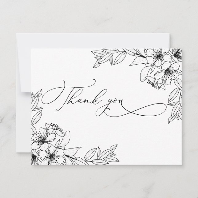 Cartão De Agradecimento Delicada coligrafia Flores Negras e Brancas Obriga (Frente)