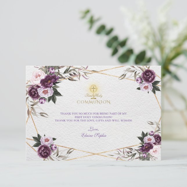 Cartão De Agradecimento Delicado Flores de Pequim Rosa Sagrada Comunhão (Em pé/Frente)