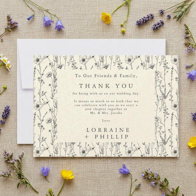 Cartão De Agradecimento Delicar casamento de flores silvestres sem costura (Delicate wildflowers seamless pattern wedding thank you card.)