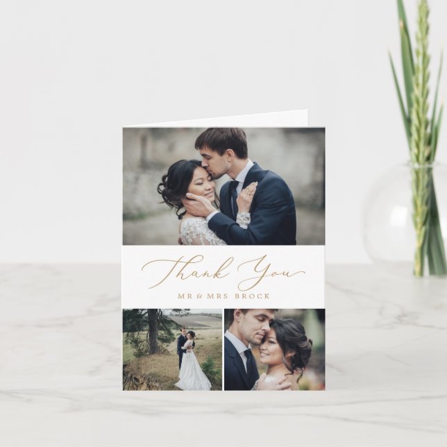 Cartão De Agradecimento Delicar Colagem de Fotografias Dourada 3 (Frente)