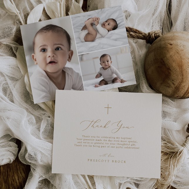 Cartão De Agradecimento Delicar Creme Dourado 3 Foto Boho Cross Baptism (Delicate Gold Cream 3 Photo Boho Cross Baptism Thank You Card)