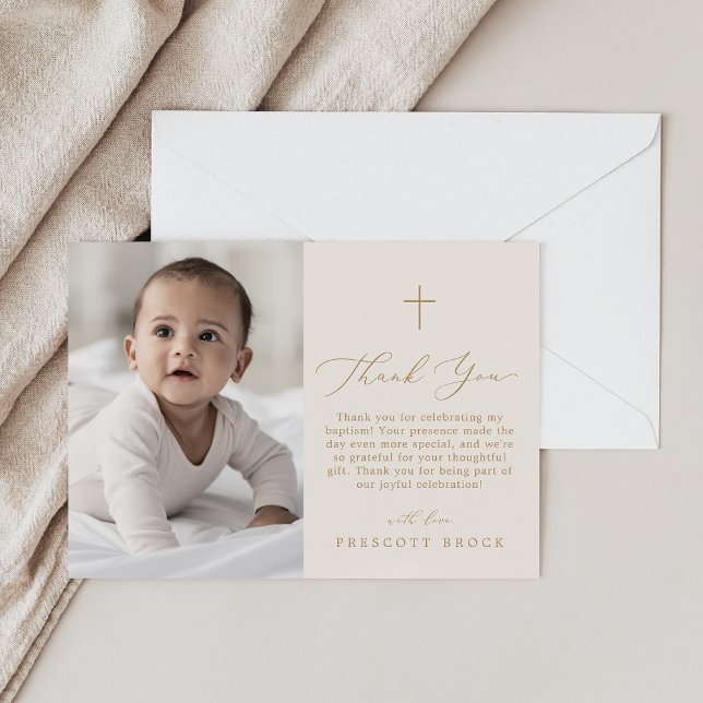 Cartão De Agradecimento Delicar Dourado Creme Foto Simples Batismo Cruzado (Delicate Gold Cream Photo Simple Cross Baptism Thank You Card)