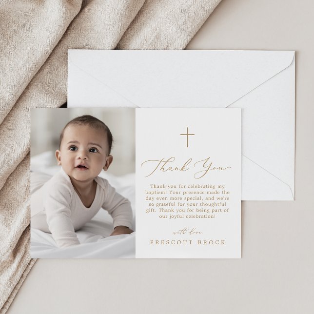 Cartão De Agradecimento Delicar Foto Dourada - Mínimo Batismo Cruzado Simp (Delicate Gold Photo Minimal Simple Cross Baptism Thank You Card)